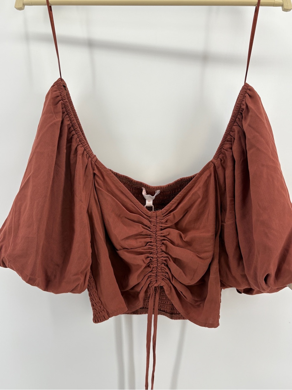 GB Rust Puff Sleeve Smocked Crop Top Women’s Medium Ruched Tie Front NWT